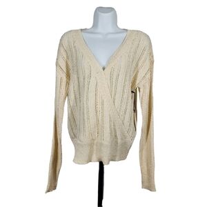 ASTR FAUX WRAP FRONT POINTELLE KNIT SWEATER